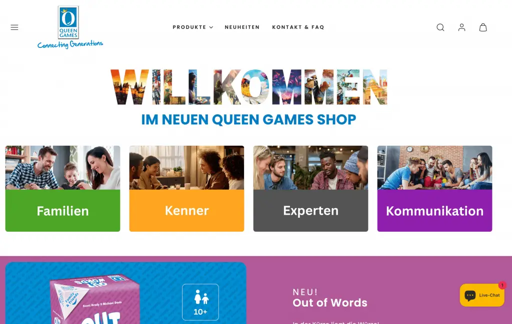 Screenshot der Startseite des neuen Queen-Games Shop