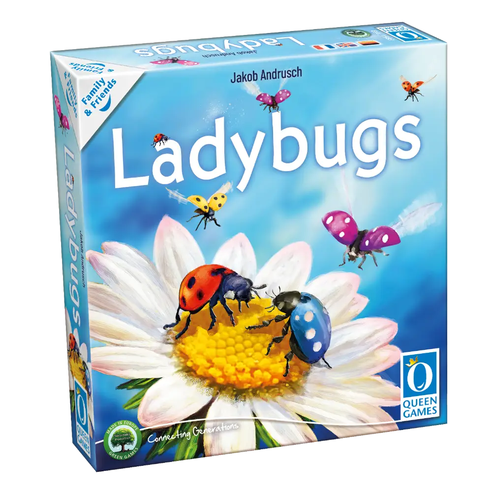 3D Spielebox mit der Abbildung von Marienkäfern, die auf einer Blüte landen